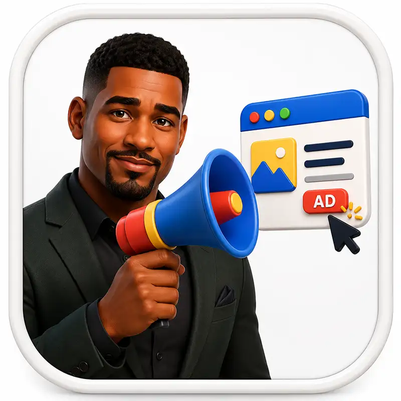 Brand character holding a megaphone, representing digital ad campaigns