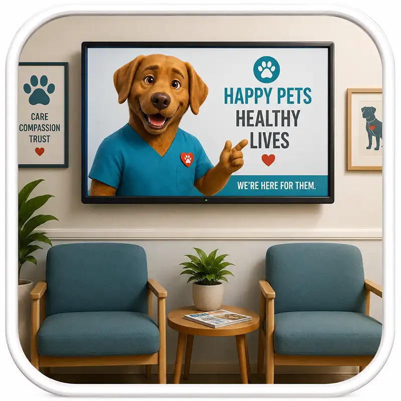 Brand character on a screen in an office waiting room, representing in-location displays