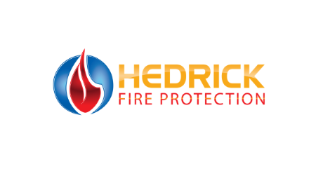 Hedrick Fire Protection company logo with flame icon inside blue circle.