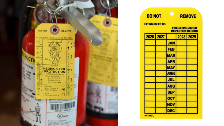 Fire extinguisher with a yellow inspection tag and a blank yellow fire extinguisher inspection record tag.
