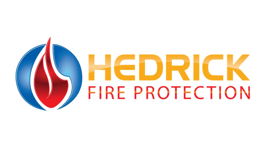 Hedrick Fire Protection logo with stylized red flame inside a blue circle.