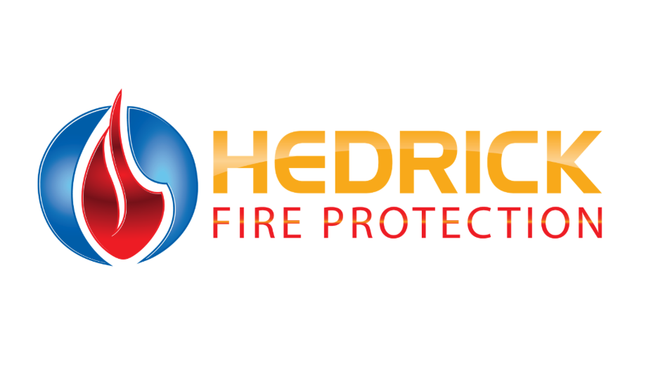 Hedrick Fire Protection logo with a stylized red flame inside a blue circle to the left of the company name, 'HEDRICK' in orange and 'FIRE PROTECTION' in red below it.