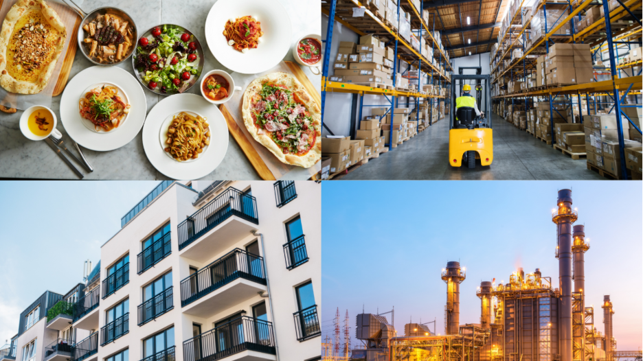 Collage of four images: assorted Italian dishes including pizza, pasta, and salad on a marble table; a worker operating a yellow forklift in a large warehouse filled with stacked boxes; modern apartment building with balconies under a blue sky; industrial power plant with tall chimneys lit at sunset against a clear sky.
