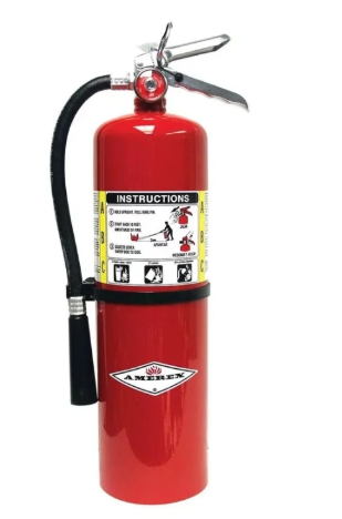 Red Amerex fire extinguisher with a black hose, metal handle, and instructional label showing steps for use and fire classification icons.