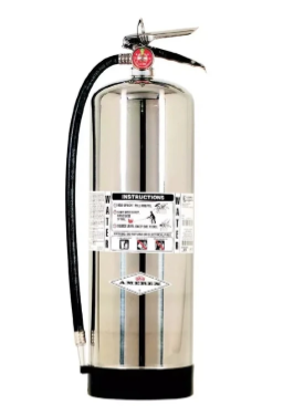 A stainless steel fire extinguisher with a black hose and handle, labeled for use on class A, B, and C fires, standing upright on a black base.