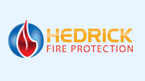 Logo for Hedrick Fire Protection featuring a stylized red flame inside a blue circle to the left of the company name in orange and red text.
