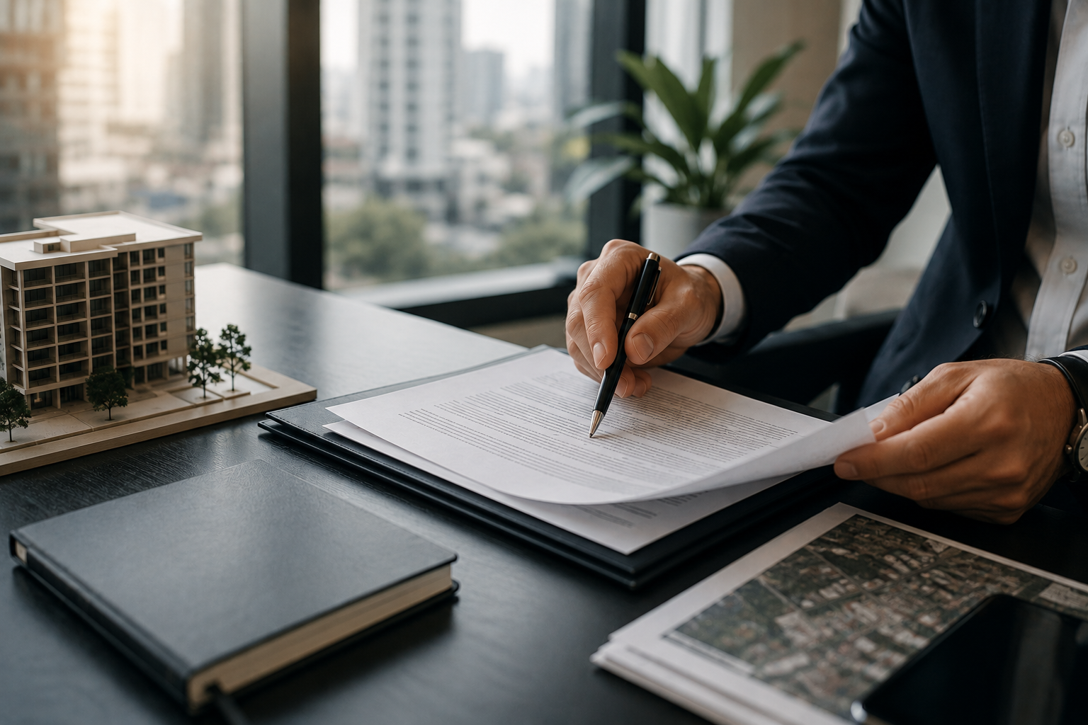 Revisión de documentación durante el análisis jurídico previo a una adquisición inmobiliaria en México.