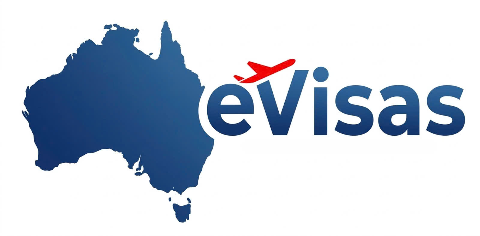 Blue silhouette of Australia with the word eVisas and a red airplane above the V.