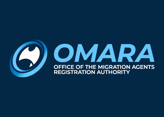 OMARA logo with text Office of the Migration Agents Registration Authority on dark blue background.