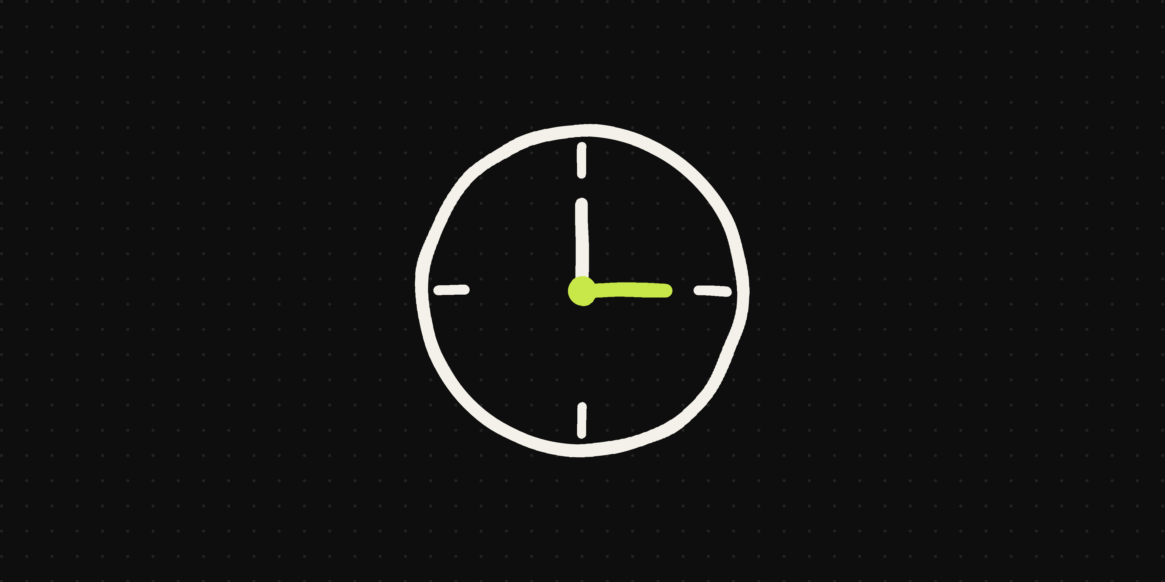 Hand-drawn cream clock face with a lime quarter-hour hand on a near-black background