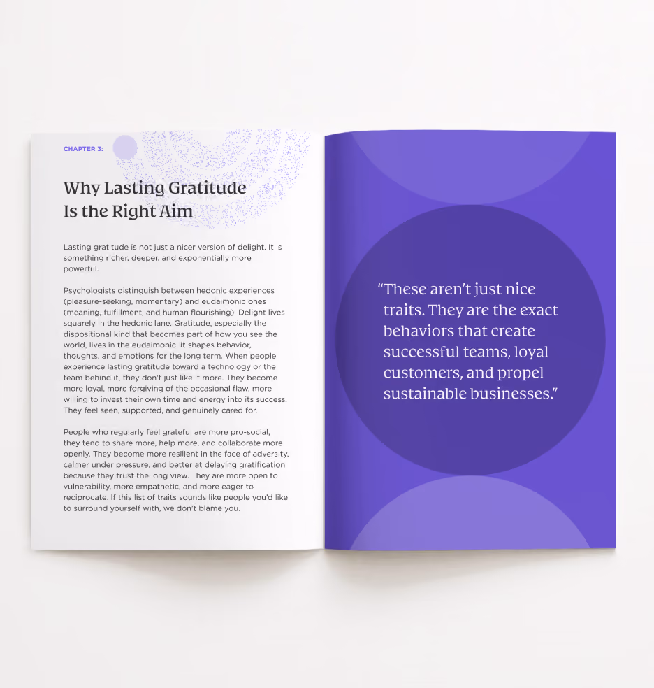 Open book spread showing Chapter 3 titled 'Why Lasting Gratitude Is the Right Aim' on the left page with text explaining the depth and impact of lasting gratitude on behavior, loyalty, and collaboration. The right page is purple with a large circle containing the quote: “These aren’t just nice traits. They are the exact behaviors that create successful teams, loyal customers, and propel sustainable businesses.”