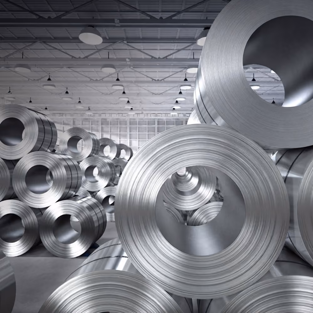 Rolled steel or aluminum coils stacked and stored in a warehouse.