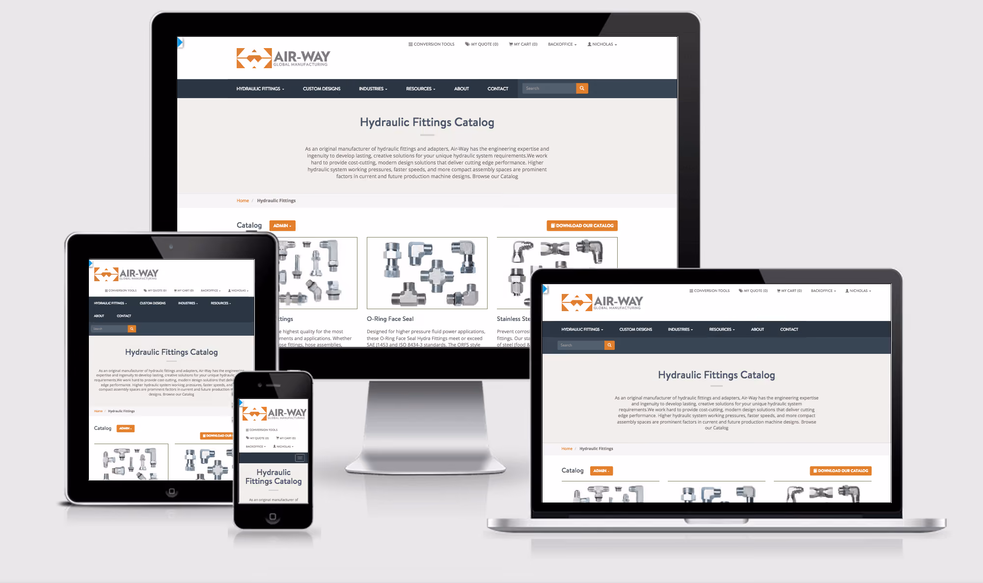 Air-Way Hydraulic Fittings Catalog webpage displayed on a desktop monitor, laptop, tablet, and smartphone.