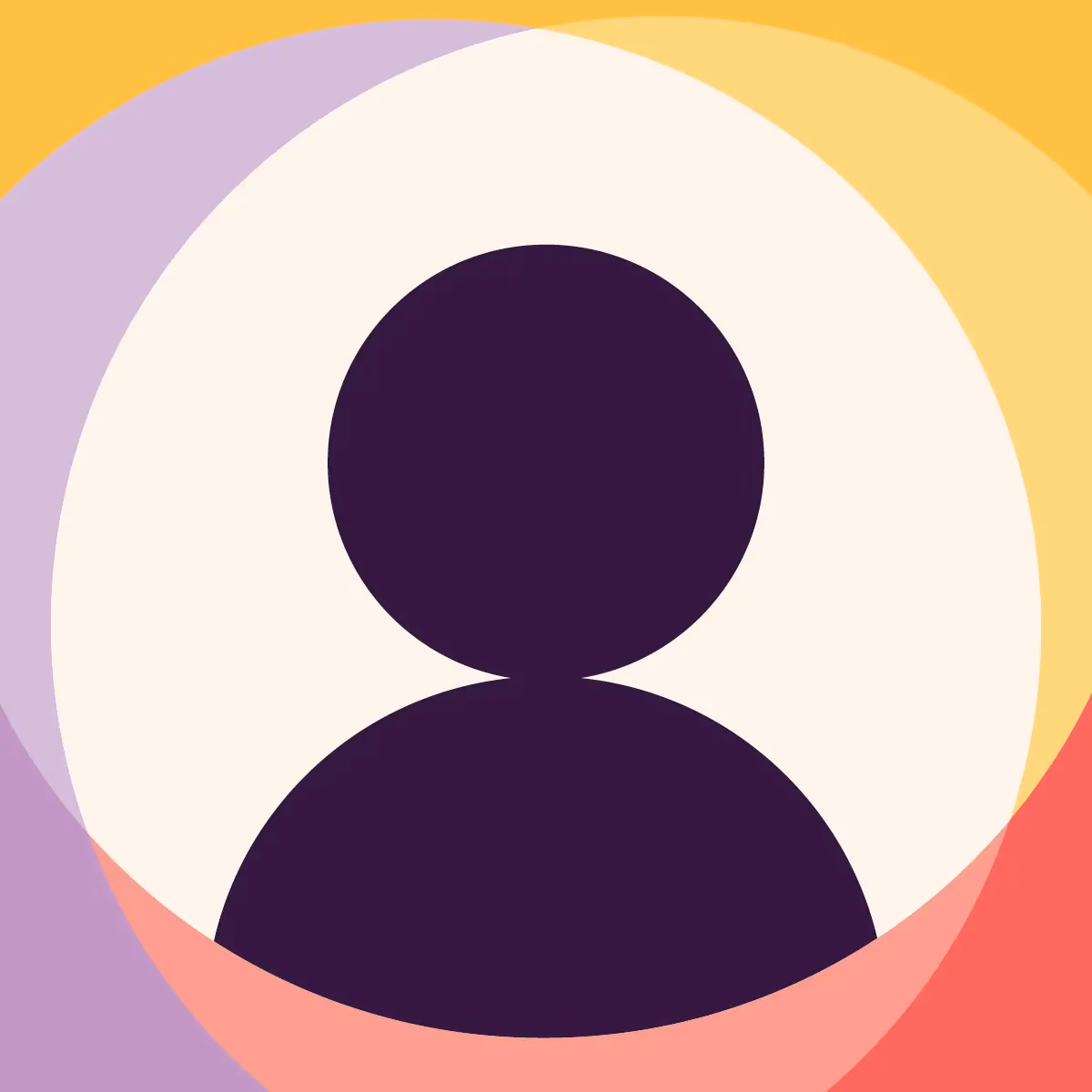 Default profile avatar icon with a dark purple silhouette on a cream circle, overlapping colorful background circles.