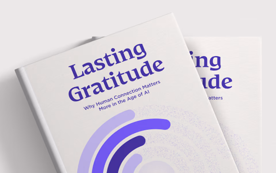 Book cover titled "Lasting Gratitude: Why Human Connection Matters More in the Age of AI" with purple arc design.
