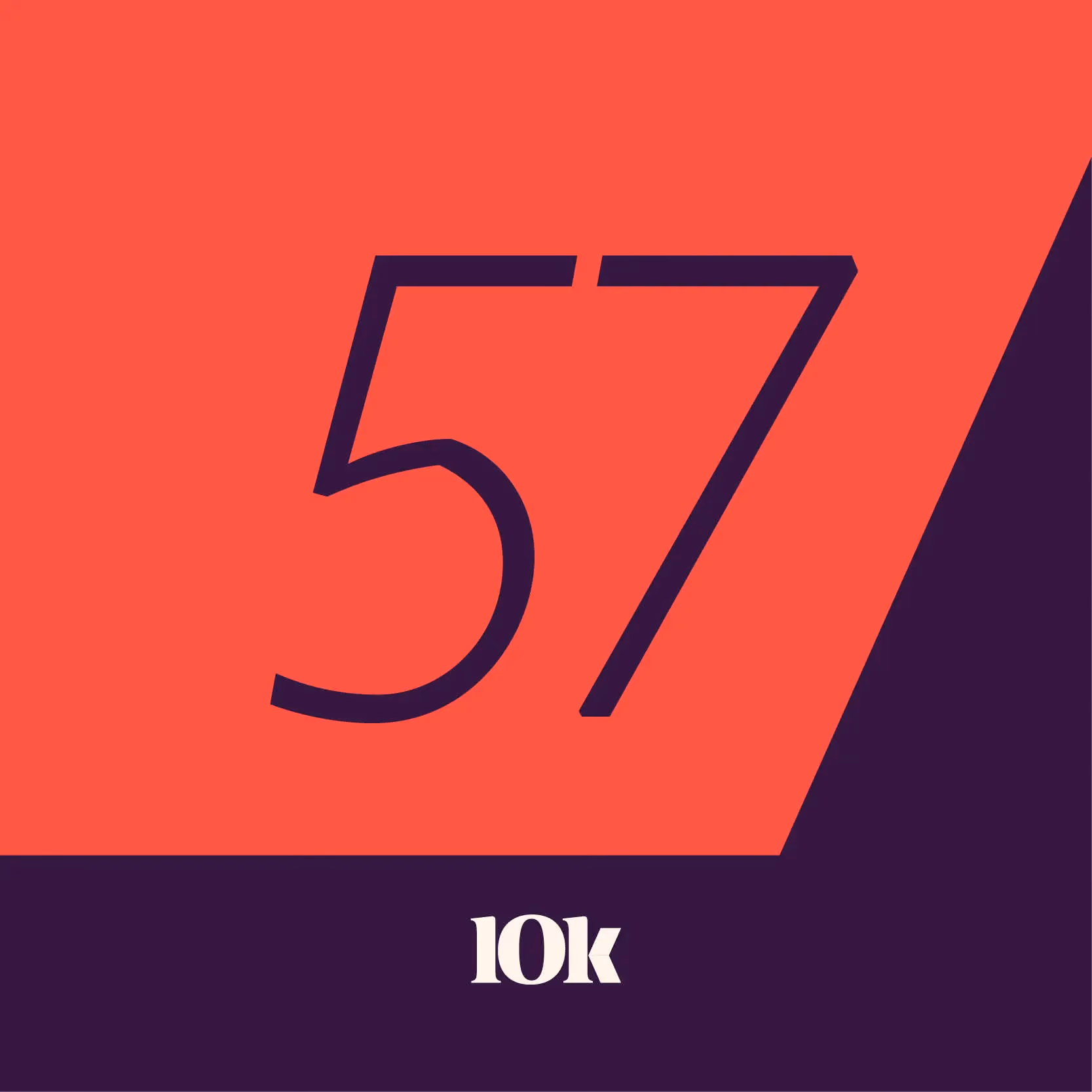 Coral and dark purple graphic with the number 57 and the text "10k" below it.