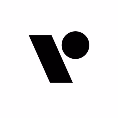 Logo consisting of a black parallelogram resembling the letter "V" and a black circle to its right.