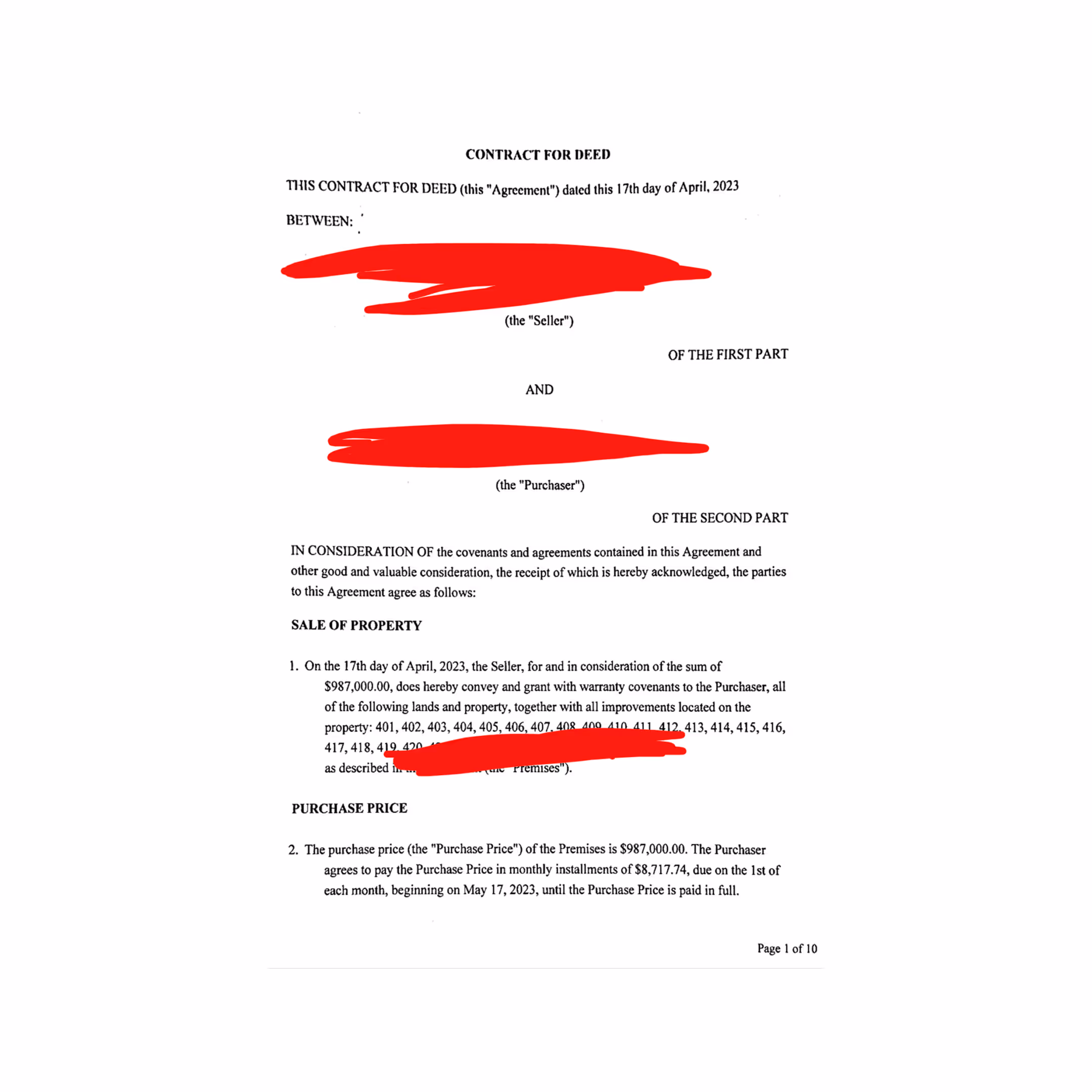 Contract for deed dated April 17, 2023, outlining property sale and purchase price terms with redacted names.