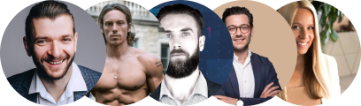 A row of five diverse people in circular frames, including a man with beard, a shirtless man, and a woman.