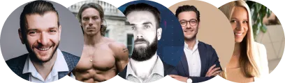 A row of five diverse people in circular frames, including a man with beard, a shirtless man, and a woman.