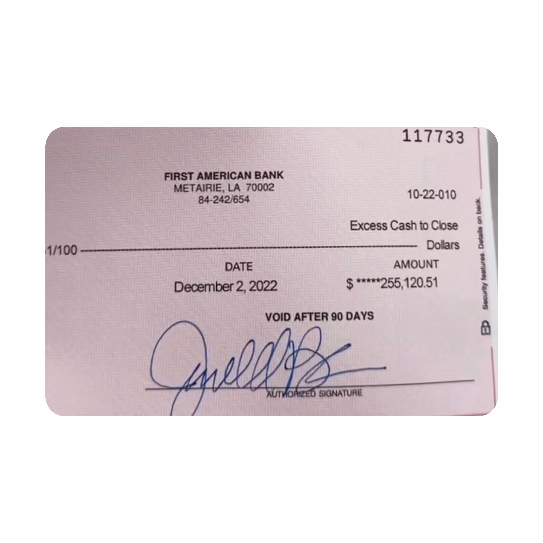 First American Bank cheque