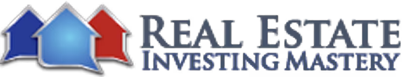 Logo with three stylized houses in blue and red and text Real Estate Investing Mastery.