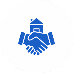 Blue handshake icon with a house above the hands inside a white circular background.