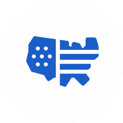 Blue abstract symbol with dots and stripes inside a white circle.