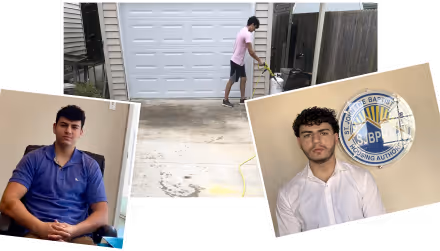 Collage of two men posing in portraits and a man cleaning a driveway in front of a garage.