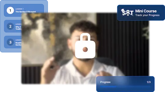 Blurred man speaking in video with lock icon overlay and course progress interface visible.