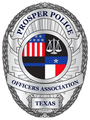 Badge of Prosper Police Officers Association Texas with American flag, scales, and Texas colors.