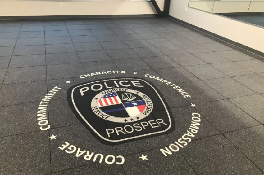 Prosper Police logo on tile floor
