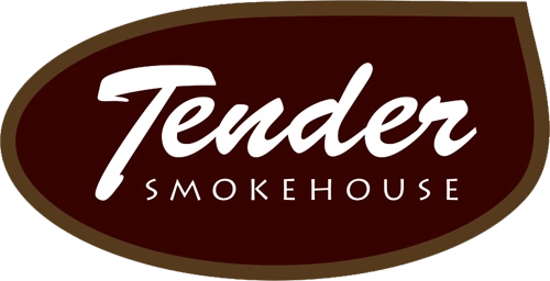 Tender Smokehouse restaurant logo with white text on a dark brown background.