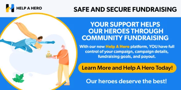 Help A Hero banner showing flying superhero reaching out to a person with text about secure community fundraising.