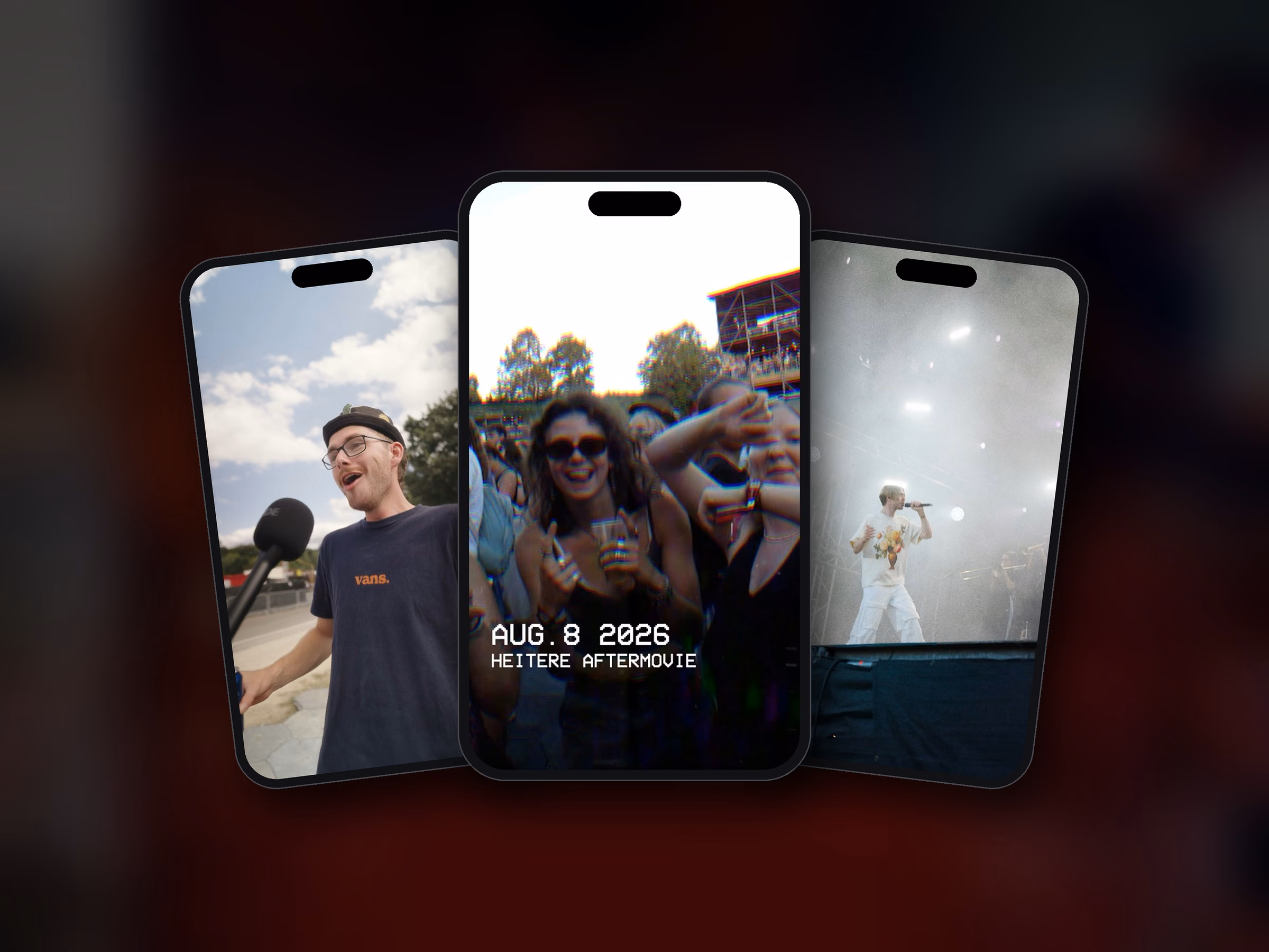 Drei Smartphones mit Aftermovie, Zeltplatz-Umfrage und Daily Recap vom Heitere Openair 2026