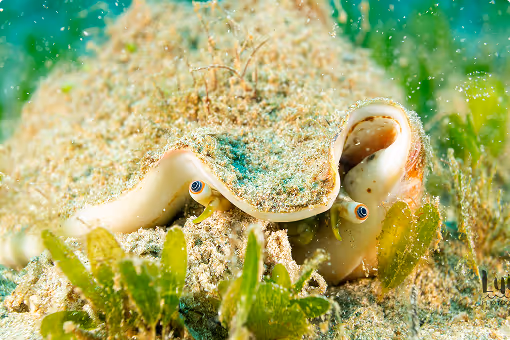 Close-up of a sea snail with sandy shell and visible eyes underwater among green plants.