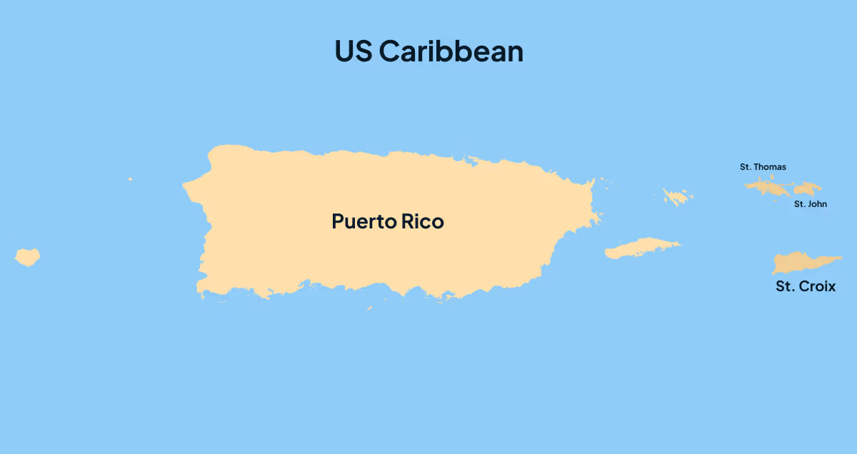 Map of US Caribbean islands including Puerto Rico, St. Thomas, St. John, and St. Croix in blue ocean.