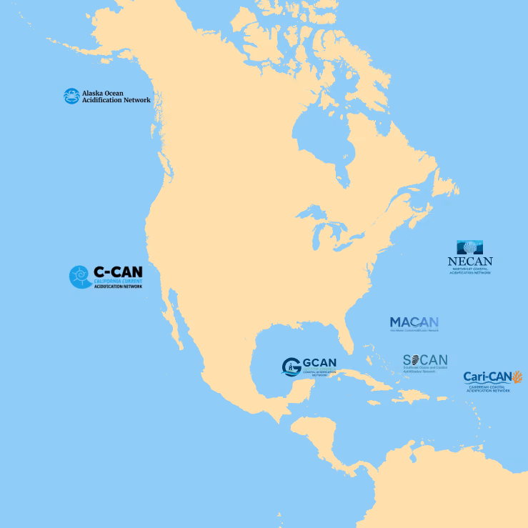 Map of North America showing locations of ocean acidification networks like Alaska, C-CAN, GCAN, and Cari-CAN.