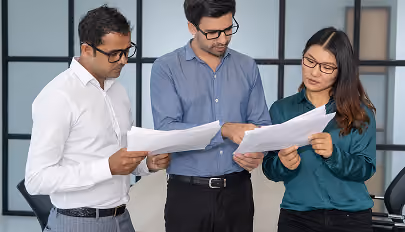 Three professionals review documents together in an office setting, concentrating on the papers.
