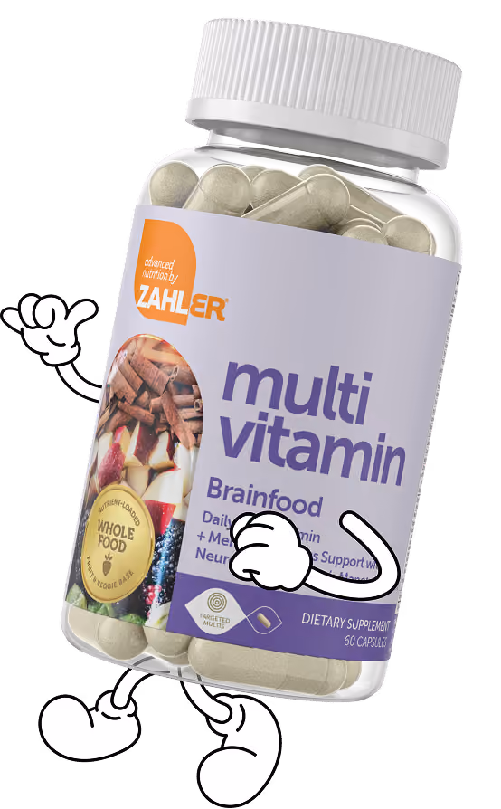 Zahler multivitamin Brainfood bottle with capsules, labeled whole food base and targeted multis.