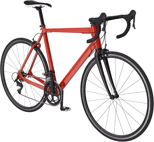 Red road bicycle with black handlebars, saddle, and tires shown from an angle.