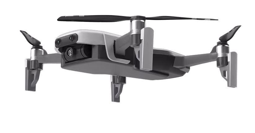 Compact gray quadcopter drone with four rotors and front-facing camera lenses visible.