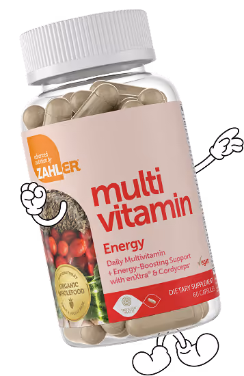Zahler multivitamin Energy bottle with capsules and cartoon arms and legs on black background.