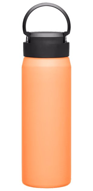 Tall orange insulated water bottle with a black screw-on lid and a carry handle.