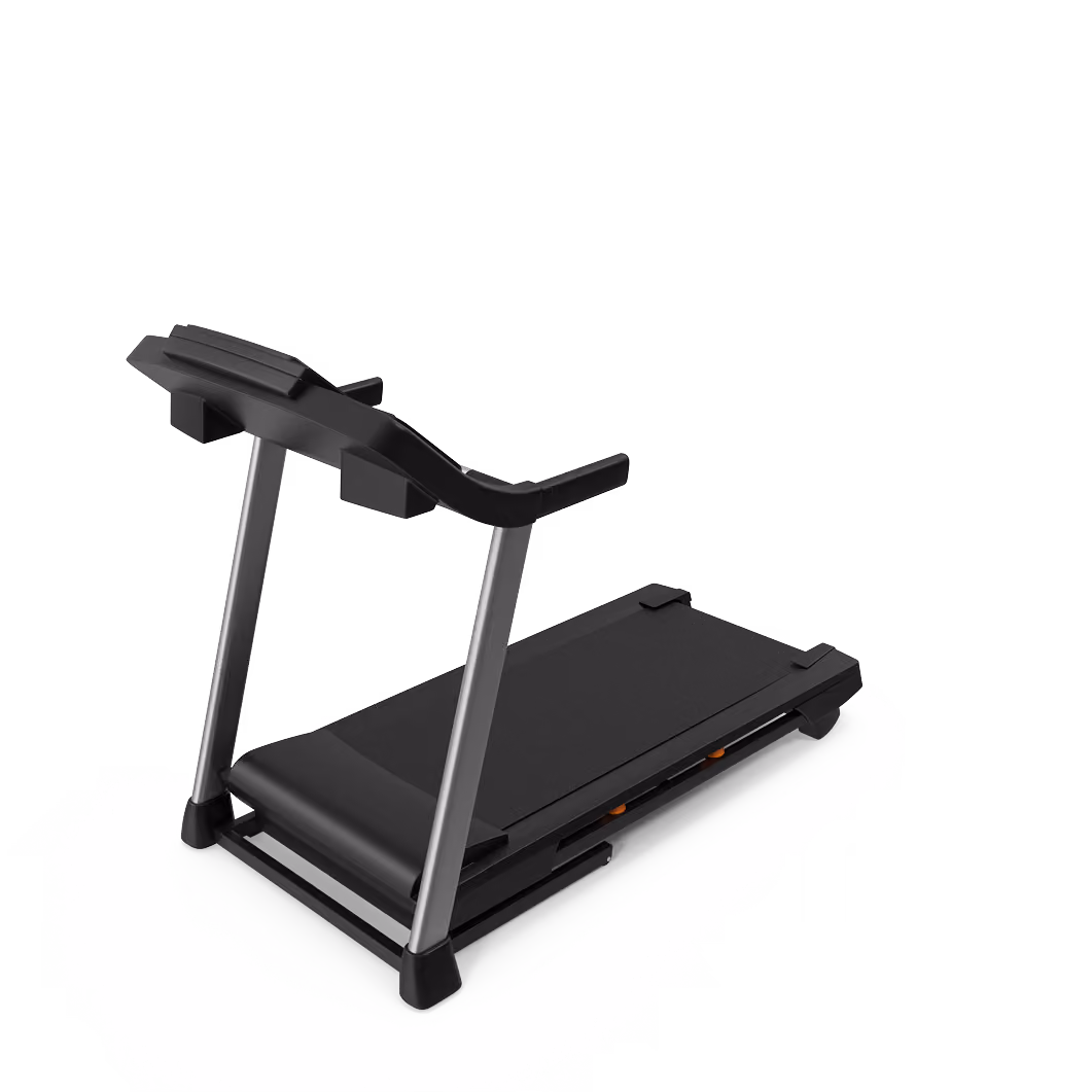 Modern black and gray treadmill with basic display and handrails on a white background.
