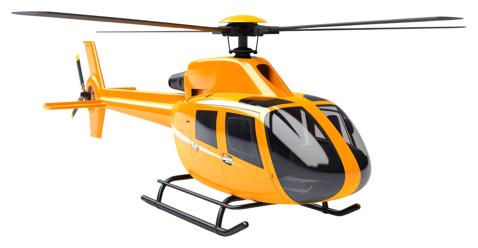 Yellow helicopter with black-tinted windows and rotor blades, isolated on white background.