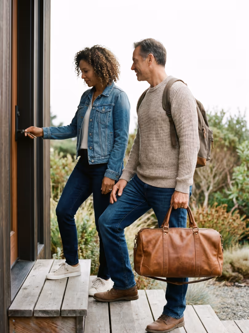 Couple entering house outdoors; woman unlocking door, man with backpack and leather duffel bag.