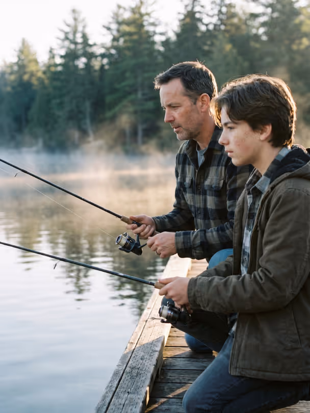Father and son fishing with rods on a wooden dock by a misty lake surrounded by trees.