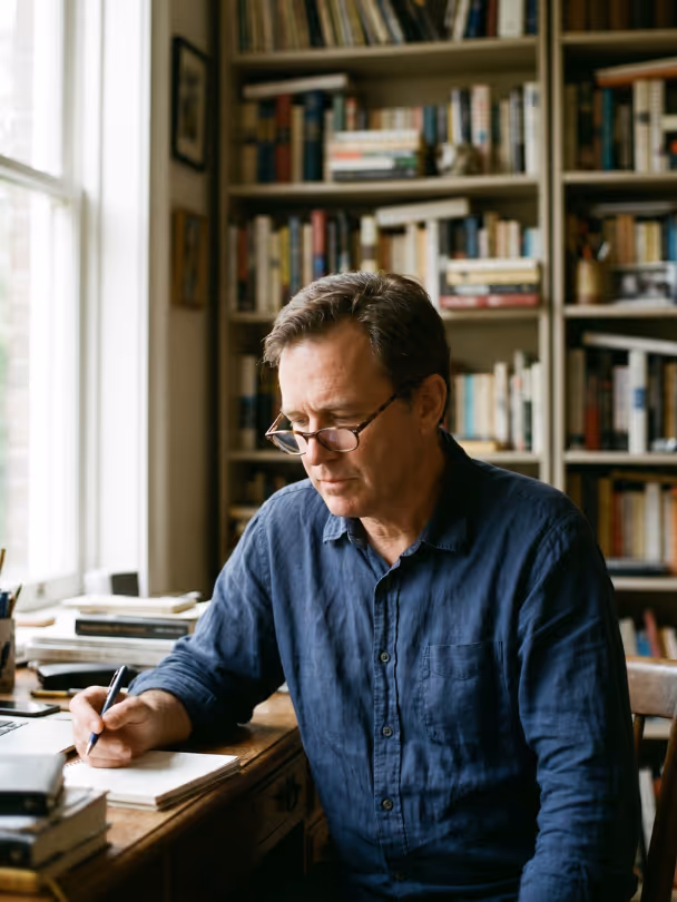Man wearing glasses writing in a notebook at a wooden desk with bookshelves behind him.