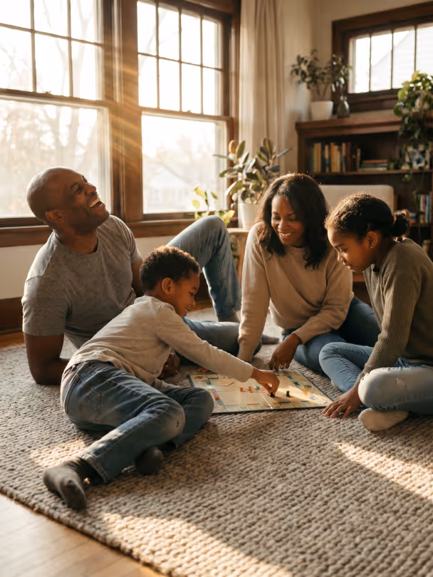 Family of four playing a board game together on a rug in a sunlit living room.